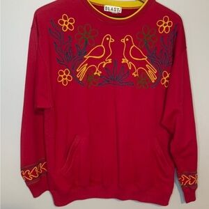 Women's Pink Embroidered Crewneck Sweater Birds